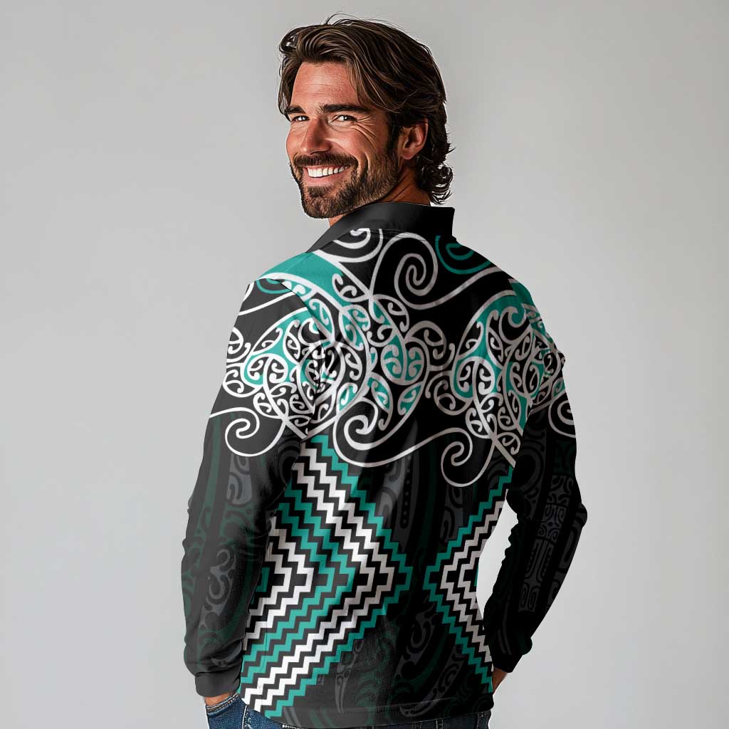 Turquoise Aotearoa Tukutuku Manawa Tapu Long Sleeve Polo Shirt Ta Moko Toi Maori LT9 - Polynesian Pride