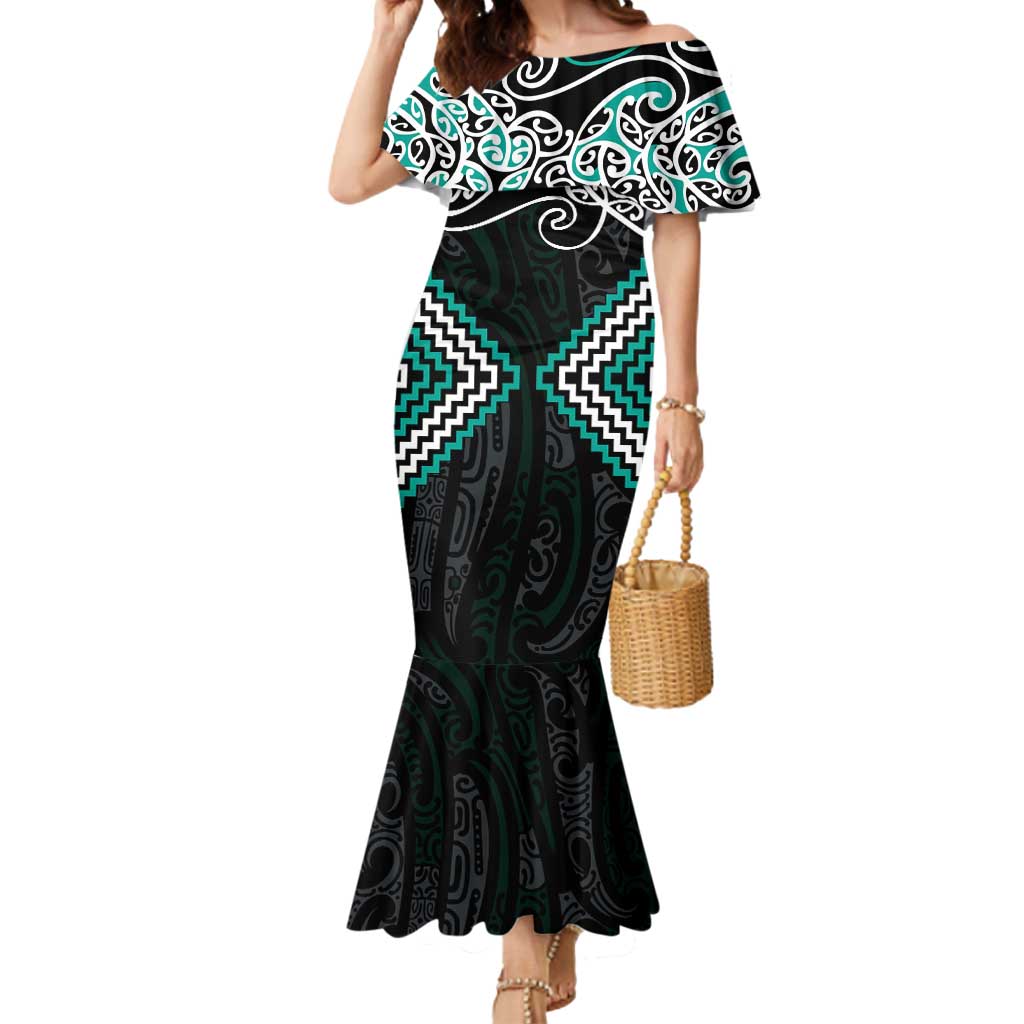 Turquoise Aotearoa Tukutuku Manawa Tapu Mermaid Dress Ta Moko Toi Maori LT9 Women Turquoise - Polynesian Pride