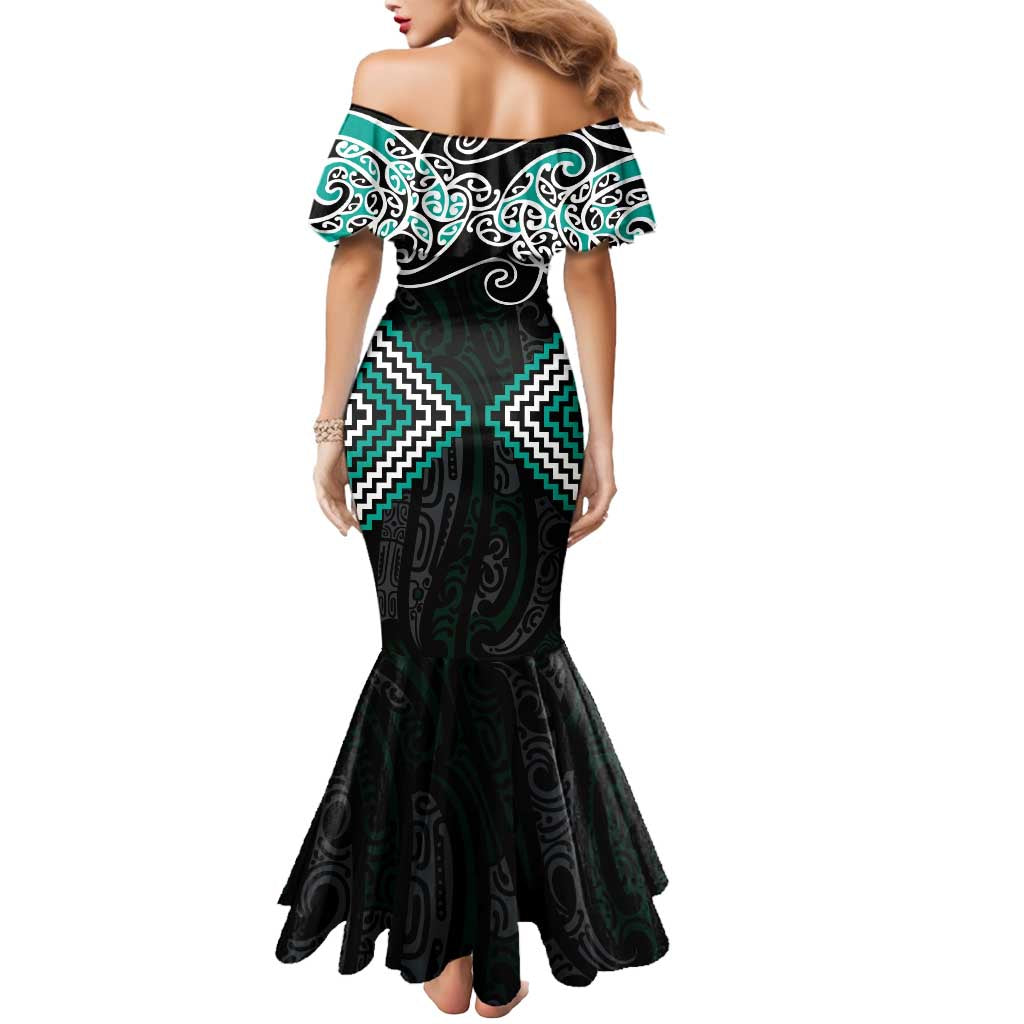 Turquoise Aotearoa Tukutuku Manawa Tapu Mermaid Dress Ta Moko Toi Maori LT9 - Polynesian Pride
