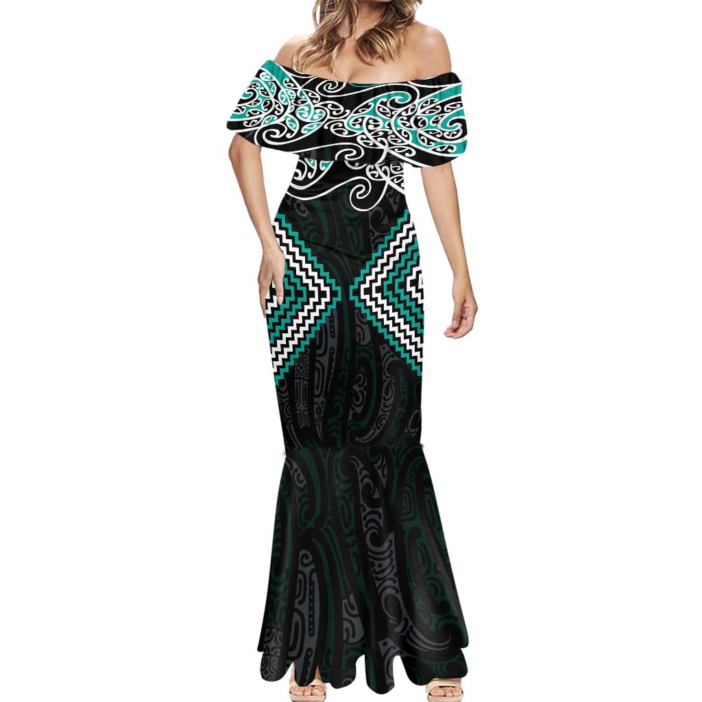 Turquoise Aotearoa Tukutuku Manawa Tapu Mermaid Dress Ta Moko Toi Maori LT9 - Polynesian Pride