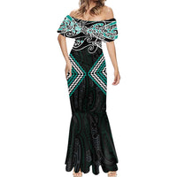 Turquoise Aotearoa Tukutuku Manawa Tapu Mermaid Dress Ta Moko Toi Maori LT9 - Polynesian Pride