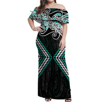 Turquoise Aotearoa Tukutuku Manawa Tapu Off Shoulder Maxi Dress Ta Moko Toi Maori LT9 Women Turquoise - Polynesian Pride