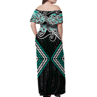 Turquoise Aotearoa Tukutuku Manawa Tapu Off Shoulder Maxi Dress Ta Moko Toi Maori LT9 - Polynesian Pride
