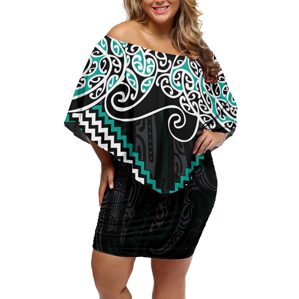 Turquoise Aotearoa Tukutuku Manawa Tapu Off Shoulder Short Dress Ta Moko Toi Maori LT9 Women Turquoise - Polynesian Pride