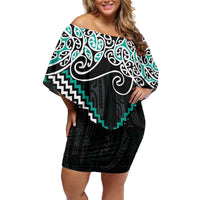 Turquoise Aotearoa Tukutuku Manawa Tapu Off Shoulder Short Dress Ta Moko Toi Maori LT9 Women Turquoise - Polynesian Pride