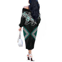 Turquoise Aotearoa Tukutuku Manawa Tapu Off The Shoulder Long Sleeve Dress Ta Moko Toi Maori LT9 - Polynesian Pride