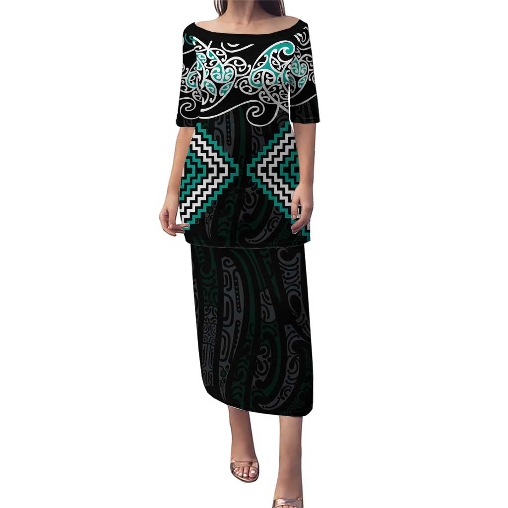 Turquoise Aotearoa Tukutuku Manawa Tapu Puletasi Ta Moko Toi Maori LT9 Long Dress Turquoise - Polynesian Pride