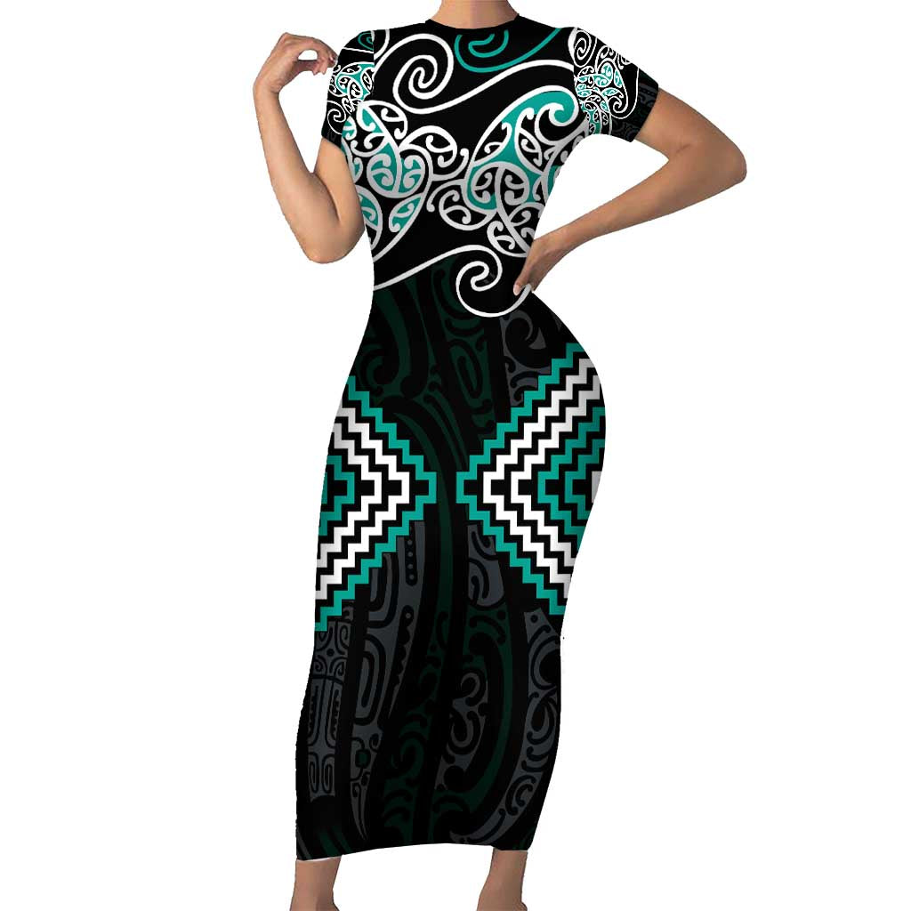 Turquoise Aotearoa Tukutuku Manawa Tapu Short Sleeve Bodycon Dress Ta Moko Toi Maori LT9 Long Dress Turquoise - Polynesian Pride