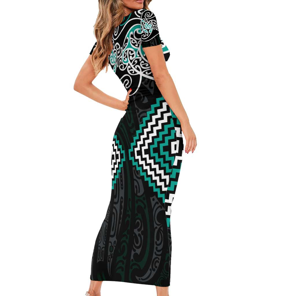 Turquoise Aotearoa Tukutuku Manawa Tapu Short Sleeve Bodycon Dress Ta Moko Toi Maori LT9 - Polynesian Pride