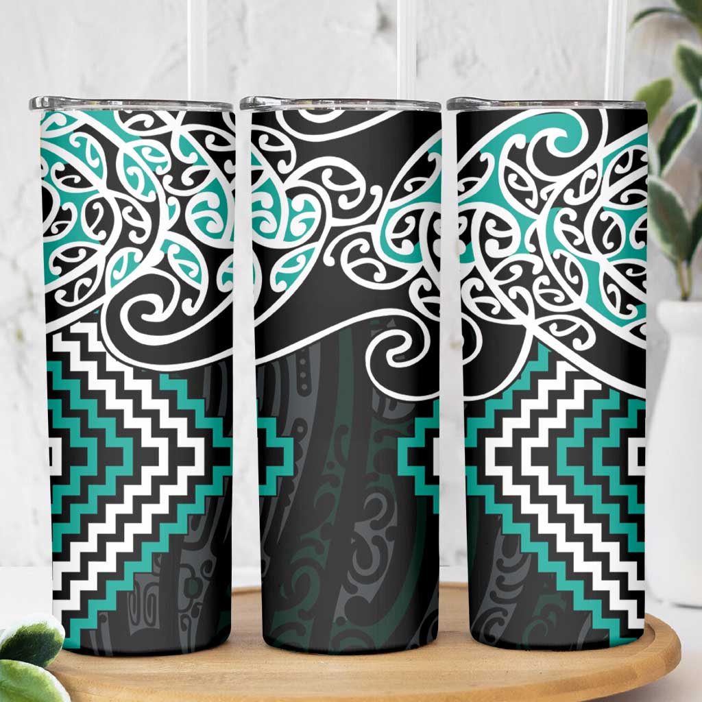 Turquoise Aotearoa Tukutuku Manawa Tapu Skinny Tumbler Ta Moko Toi Maori LT9 - Polynesian Pride