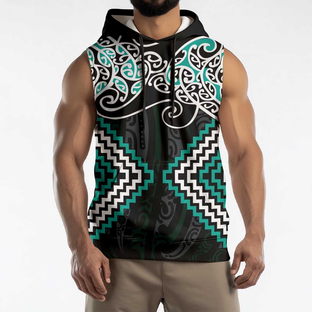 Turquoise Aotearoa Tukutuku Manawa Tapu Sleeveless Hoodie Ta Moko Toi Maori LT9 - Polynesian Pride