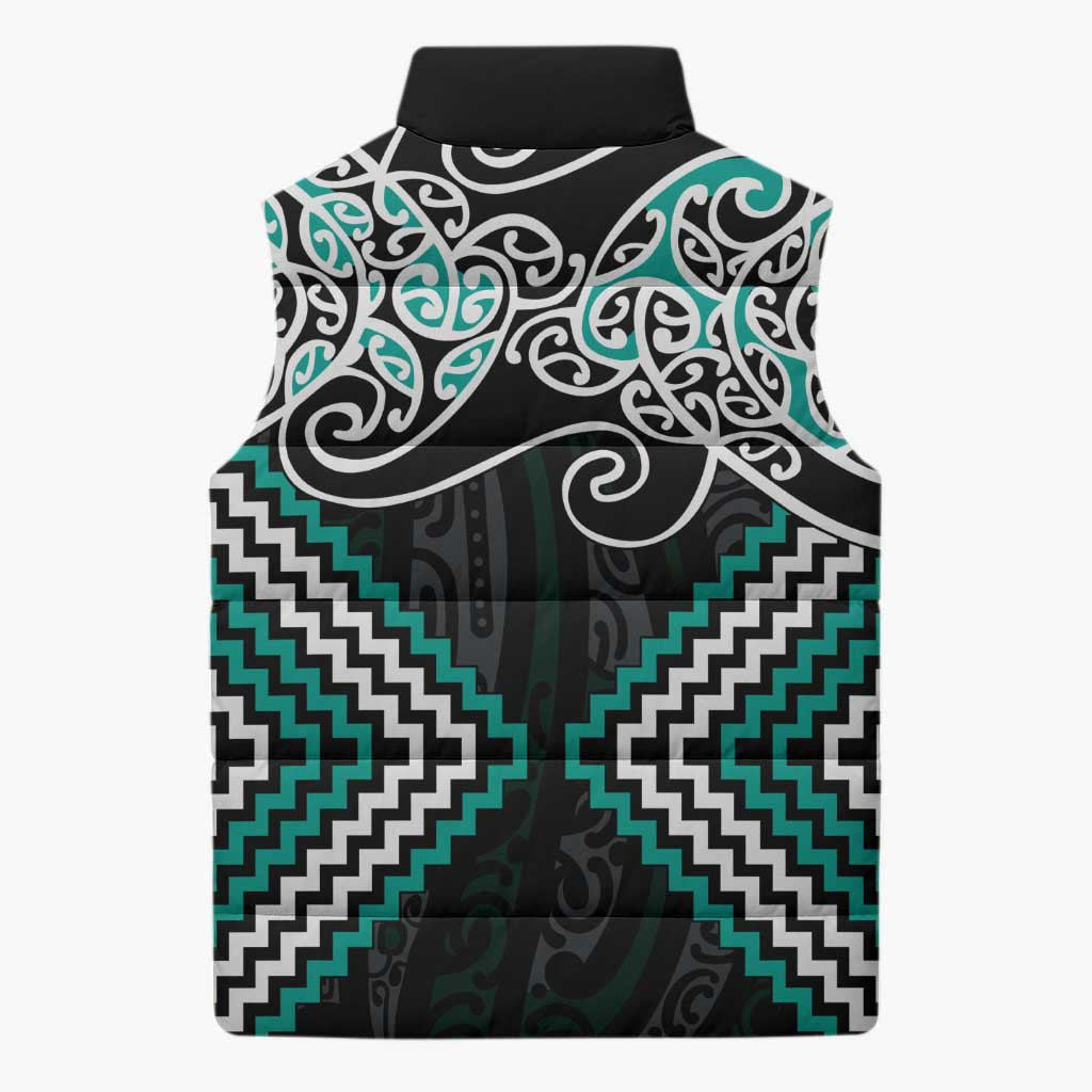 Turquoise Aotearoa Tukutuku Manawa Tapu Sleeveless Puffer Jacket Ta Moko Toi Maori - Polynesian Pride