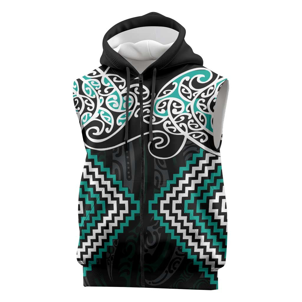 Turquoise Aotearoa Tukutuku Manawa Tapu Sleeveless Zip Hoodie Ta Moko Toi Maori LT9 Turquoise - Polynesian Pride