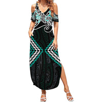 Turquoise Aotearoa Tukutuku Manawa Tapu Summer Maxi Dress Ta Moko Toi Maori LT9 Women Turquoise - Polynesian Pride