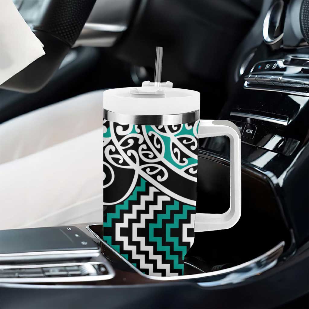 Turquoise Aotearoa Tukutuku Manawa Tapu Tumbler With Handle Ta Moko Toi Maori LT9 - Polynesian Pride