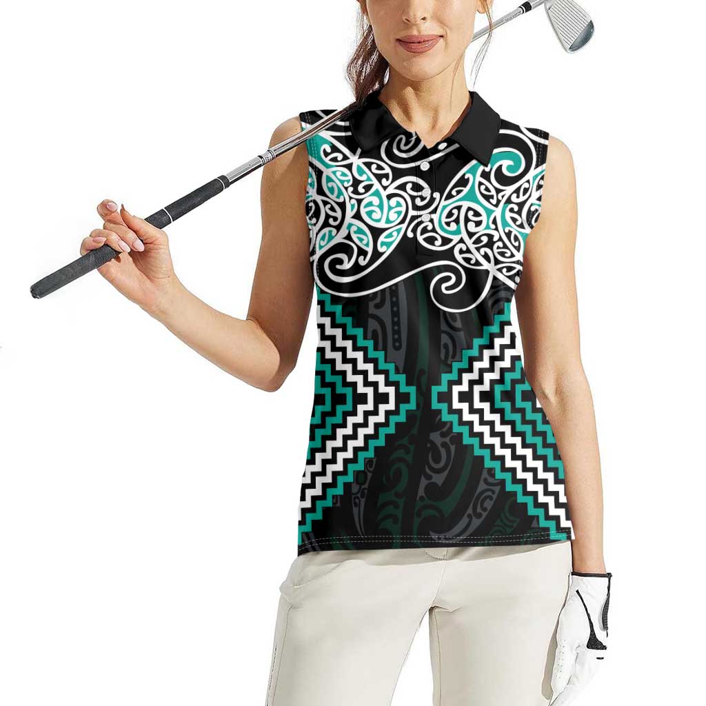 Turquoise Aotearoa Tukutuku Manawa Tapu Women Sleeveless Polo Shirt Ta Moko Toi Maori LT9 - Polynesian Pride
