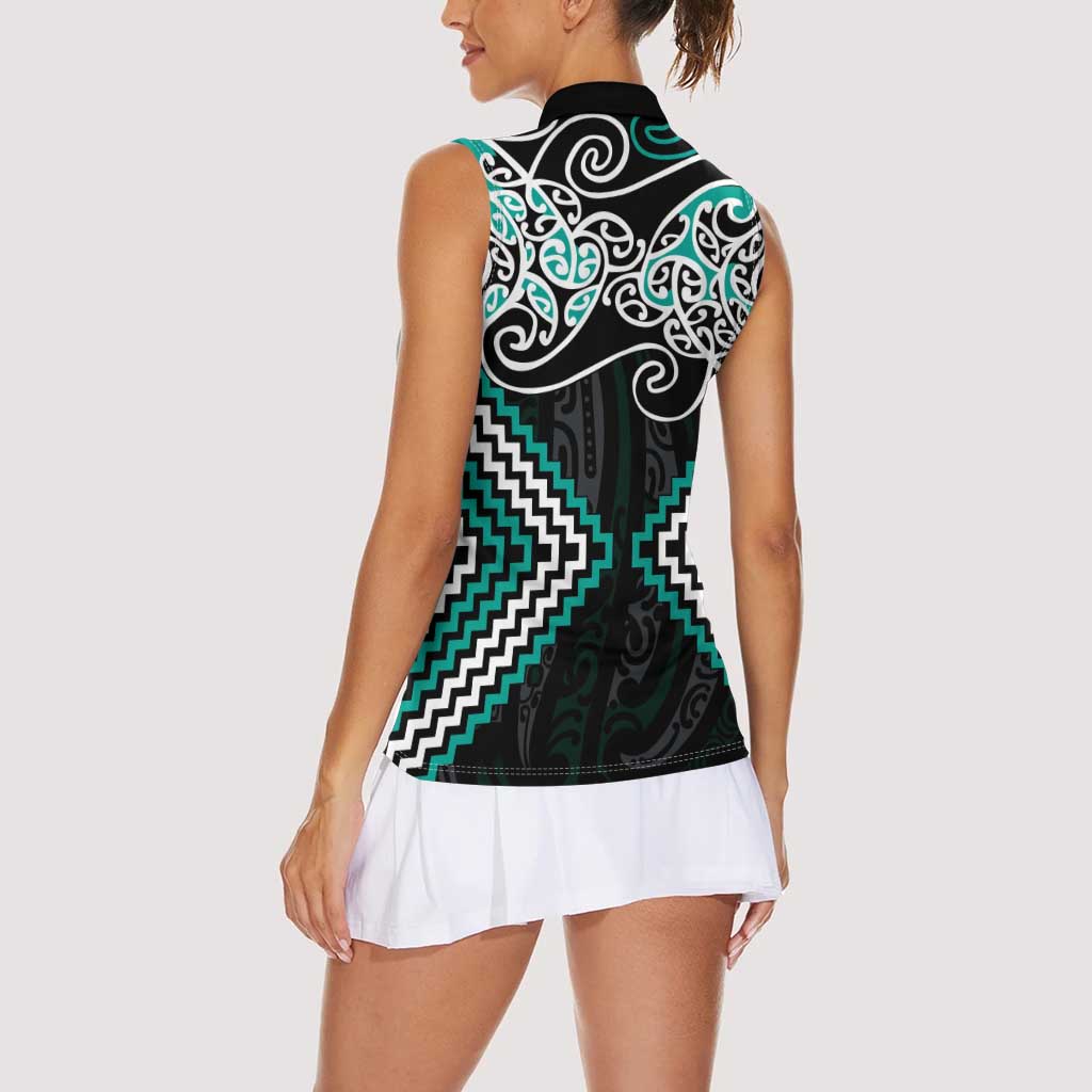 Turquoise Aotearoa Tukutuku Manawa Tapu Women Sleeveless Polo Shirt Ta Moko Toi Maori LT9 - Polynesian Pride