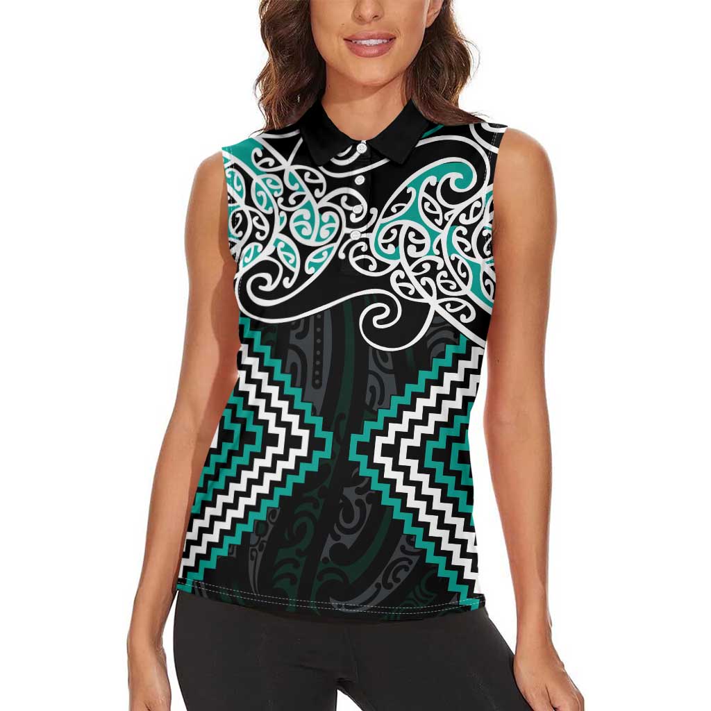 Turquoise Aotearoa Tukutuku Manawa Tapu Women Sleeveless Polo Shirt Ta Moko Toi Maori LT9 - Polynesian Pride