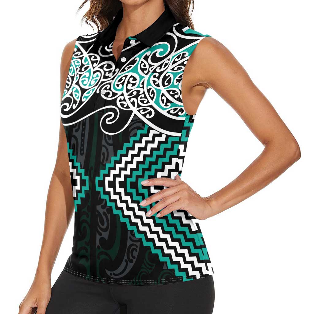 Turquoise Aotearoa Tukutuku Manawa Tapu Women Sleeveless Polo Shirt Ta Moko Toi Maori LT9 - Polynesian Pride