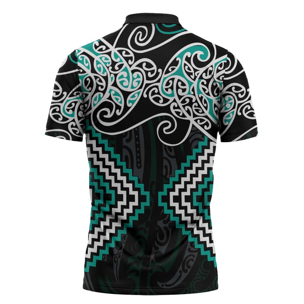 Turquoise Aotearoa Tukutuku Manawa Tapu Zipper Polo Shirt Ta Moko Toi Maori LT9 - Polynesian Pride
