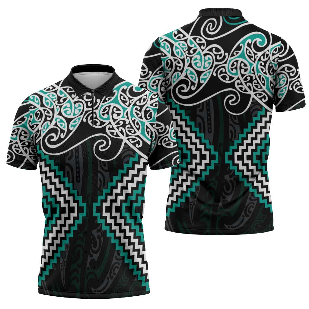 Turquoise Aotearoa Tukutuku Manawa Tapu Zipper Polo Shirt Ta Moko Toi Maori LT9 - Polynesian Pride