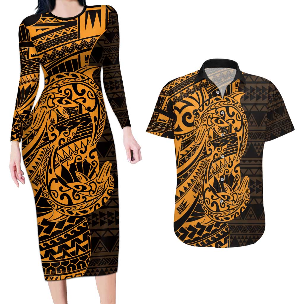 Gold Couple Dolphins Maori Polynesian Style Couples Matching Long Sleeve Bodycon Dress and Hawaiian Shirt LT9 Gold - Polynesian Pride