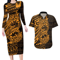 Gold Couple Dolphins Maori Polynesian Style Couples Matching Long Sleeve Bodycon Dress and Hawaiian Shirt LT9 Gold - Polynesian Pride