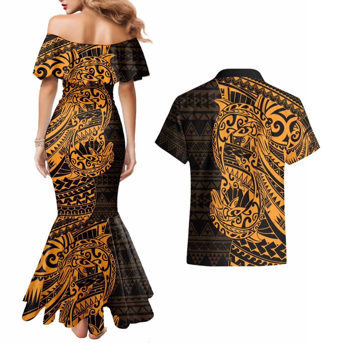 Gold Couple Dolphins Maori Polynesian Style Couples Matching Mermaid Dress and Hawaiian Shirt LT9 - Polynesian Pride