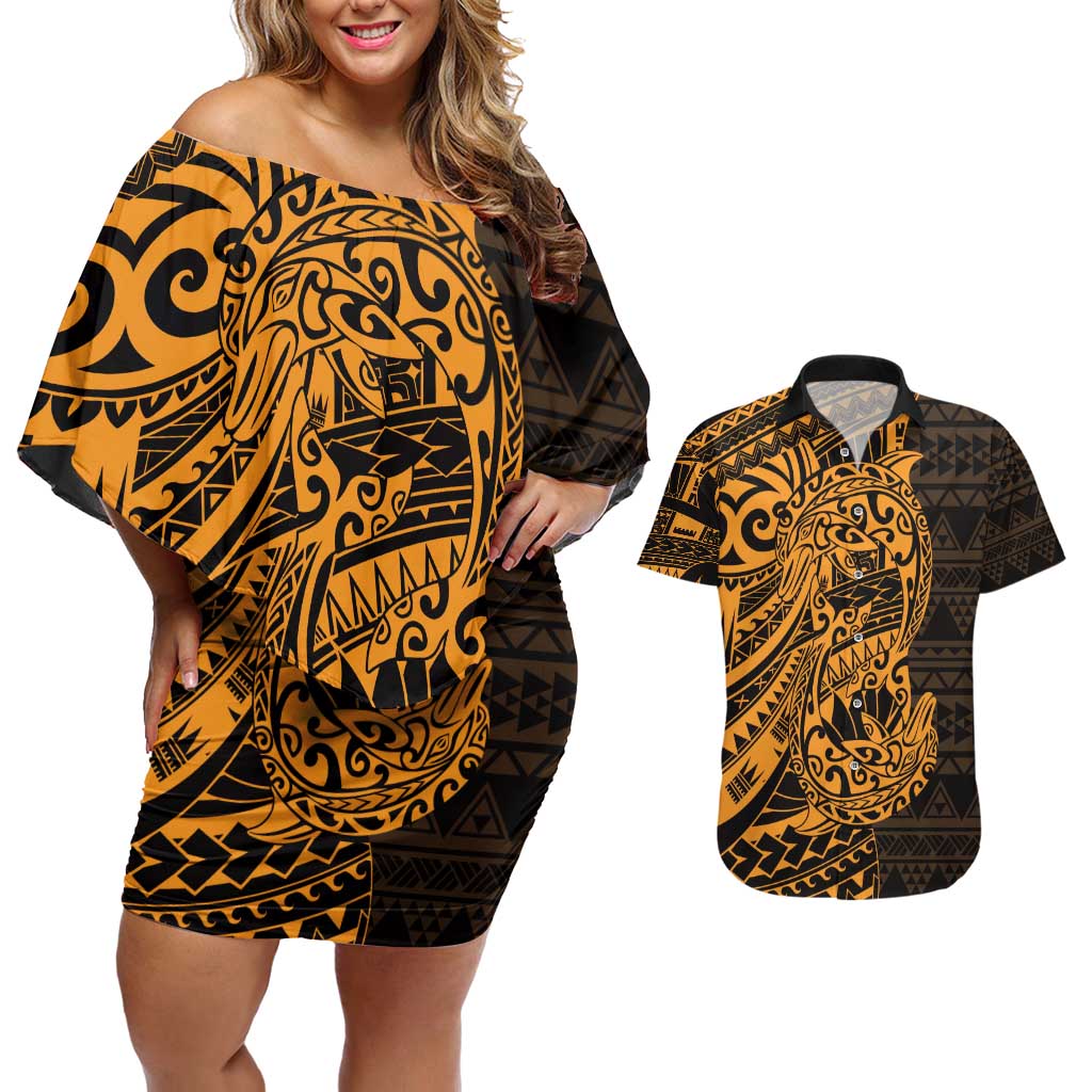 Gold Couple Dolphins Maori Polynesian Style Couples Matching Off Shoulder Short Dress and Hawaiian Shirt LT9 Gold - Polynesian Pride