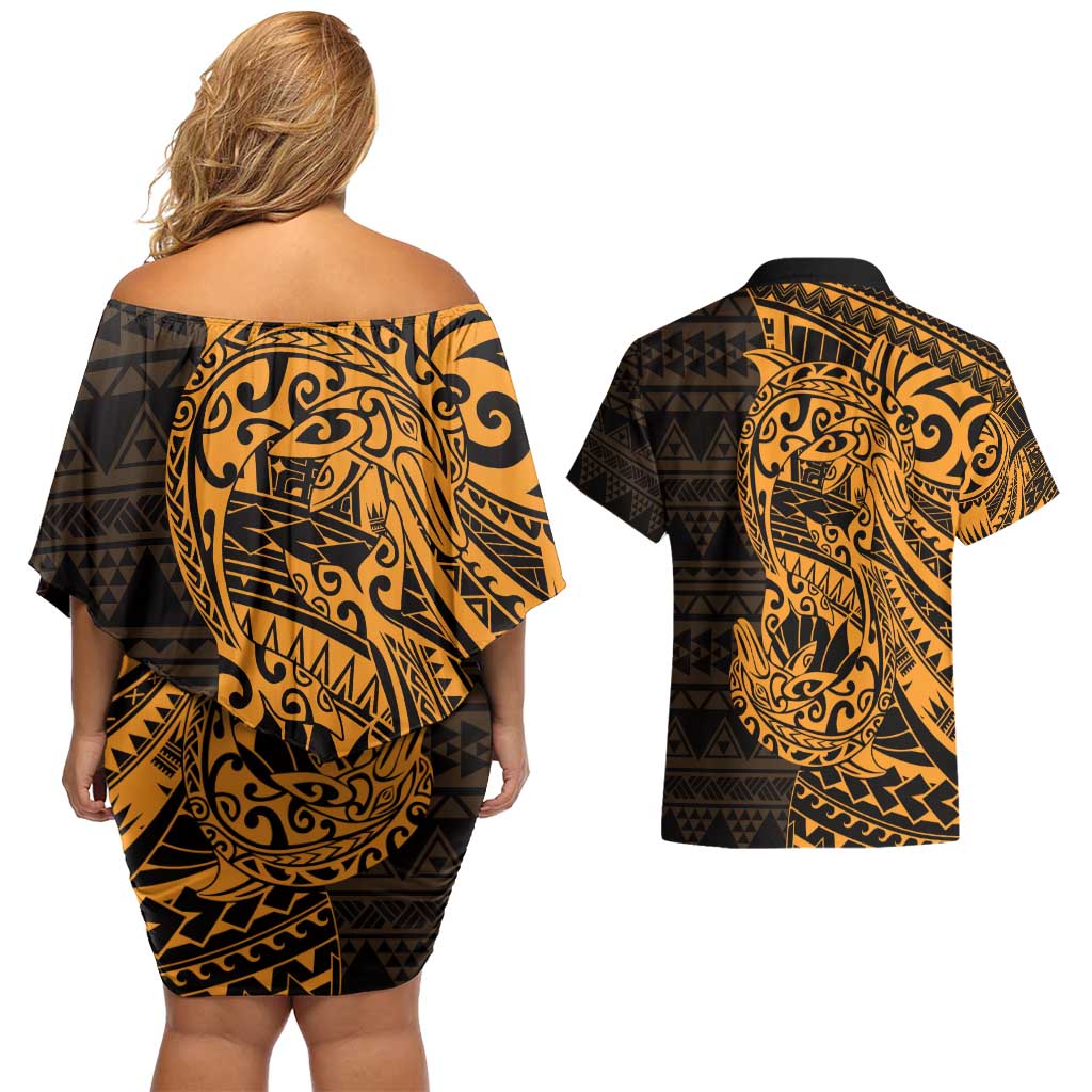Gold Couple Dolphins Maori Polynesian Style Couples Matching Off Shoulder Short Dress and Hawaiian Shirt LT9 - Polynesian Pride