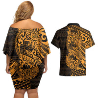 Gold Couple Dolphins Maori Polynesian Style Couples Matching Off Shoulder Short Dress and Hawaiian Shirt LT9 - Polynesian Pride