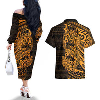 Gold Couple Dolphins Maori Polynesian Style Couples Matching Off The Shoulder Long Sleeve Dress and Hawaiian Shirt LT9 - Polynesian Pride