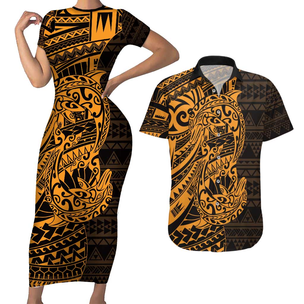 Gold Couple Dolphins Maori Polynesian Style Couples Matching Short Sleeve Bodycon Dress and Hawaiian Shirt LT9 Gold - Polynesian Pride