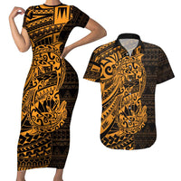 Gold Couple Dolphins Maori Polynesian Style Couples Matching Short Sleeve Bodycon Dress and Hawaiian Shirt LT9 Gold - Polynesian Pride
