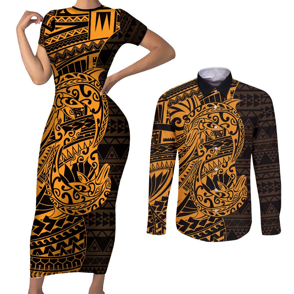 Gold Couple Dolphins Maori Polynesian Style Couples Matching Short Sleeve Bodycon Dress and Long Sleeve Button Shirt LT9 Gold - Polynesian Pride