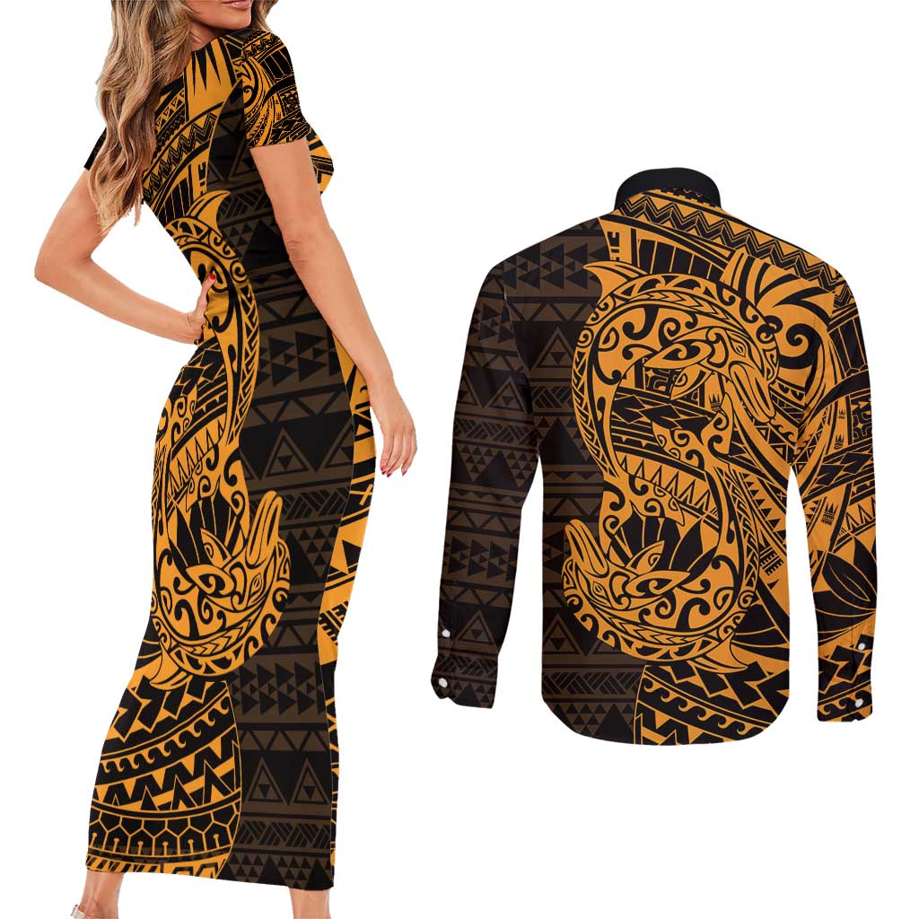 Gold Couple Dolphins Maori Polynesian Style Couples Matching Short Sleeve Bodycon Dress and Long Sleeve Button Shirt LT9 - Polynesian Pride
