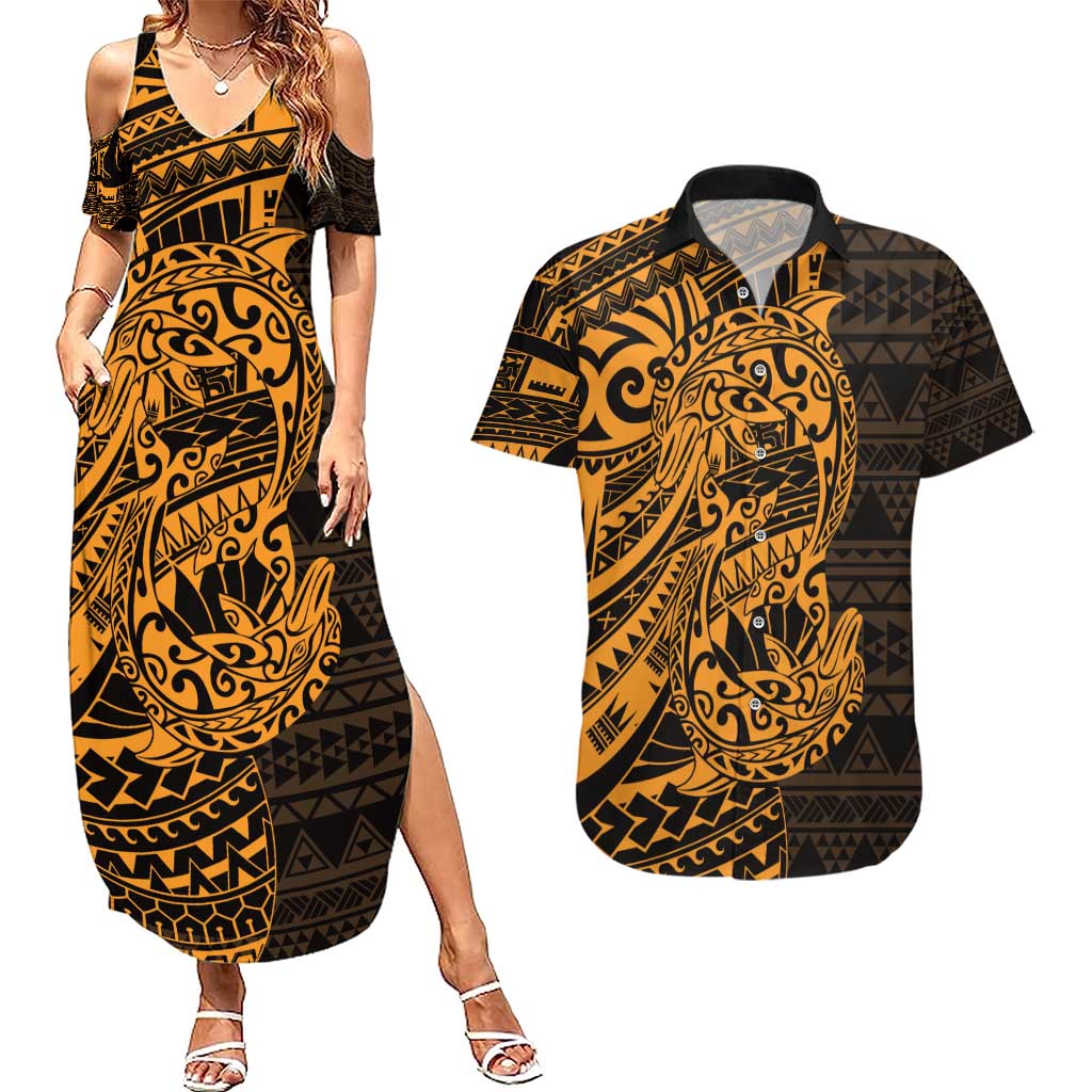 Gold Couple Dolphins Maori Polynesian Style Couples Matching Summer Maxi Dress and Hawaiian Shirt LT9 Gold - Polynesian Pride