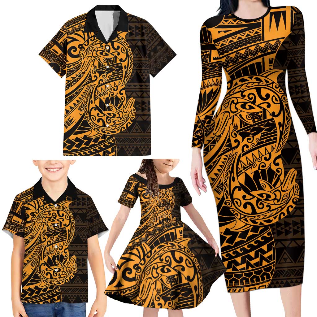 Gold Couple Dolphins Maori Polynesian Style Family Matching Long Sleeve Bodycon Dress and Hawaiian Shirt LT9 - Polynesian Pride