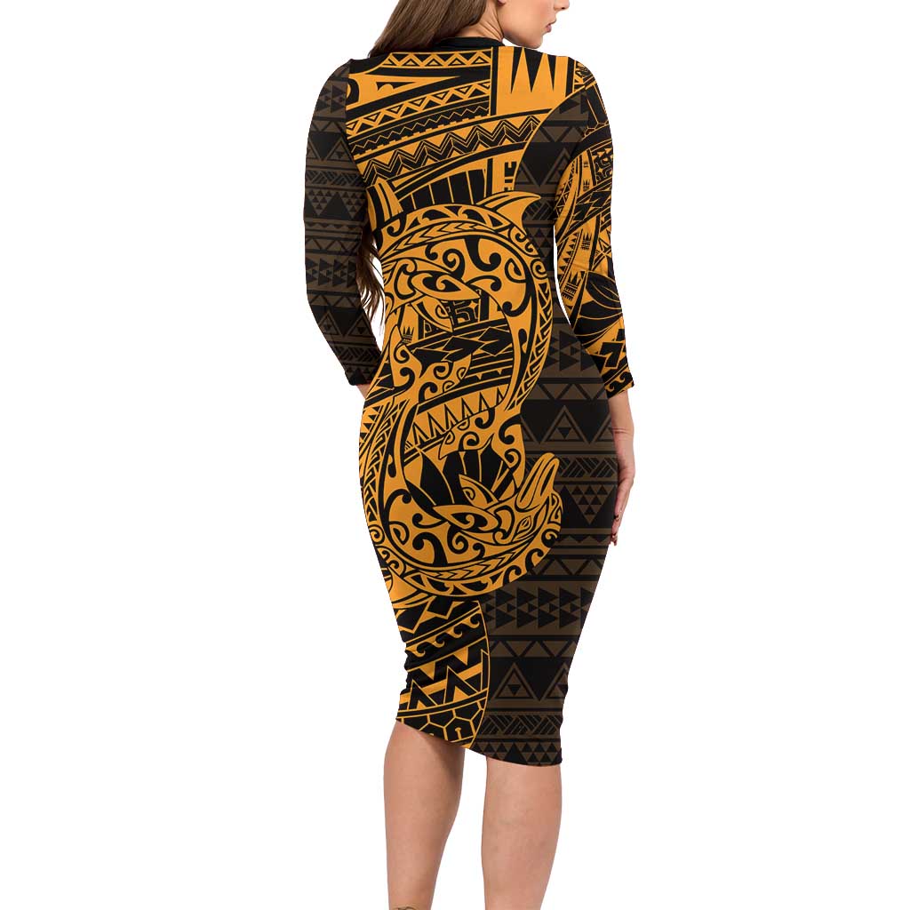 Gold Couple Dolphins Maori Polynesian Style Family Matching Long Sleeve Bodycon Dress and Hawaiian Shirt LT9 - Polynesian Pride