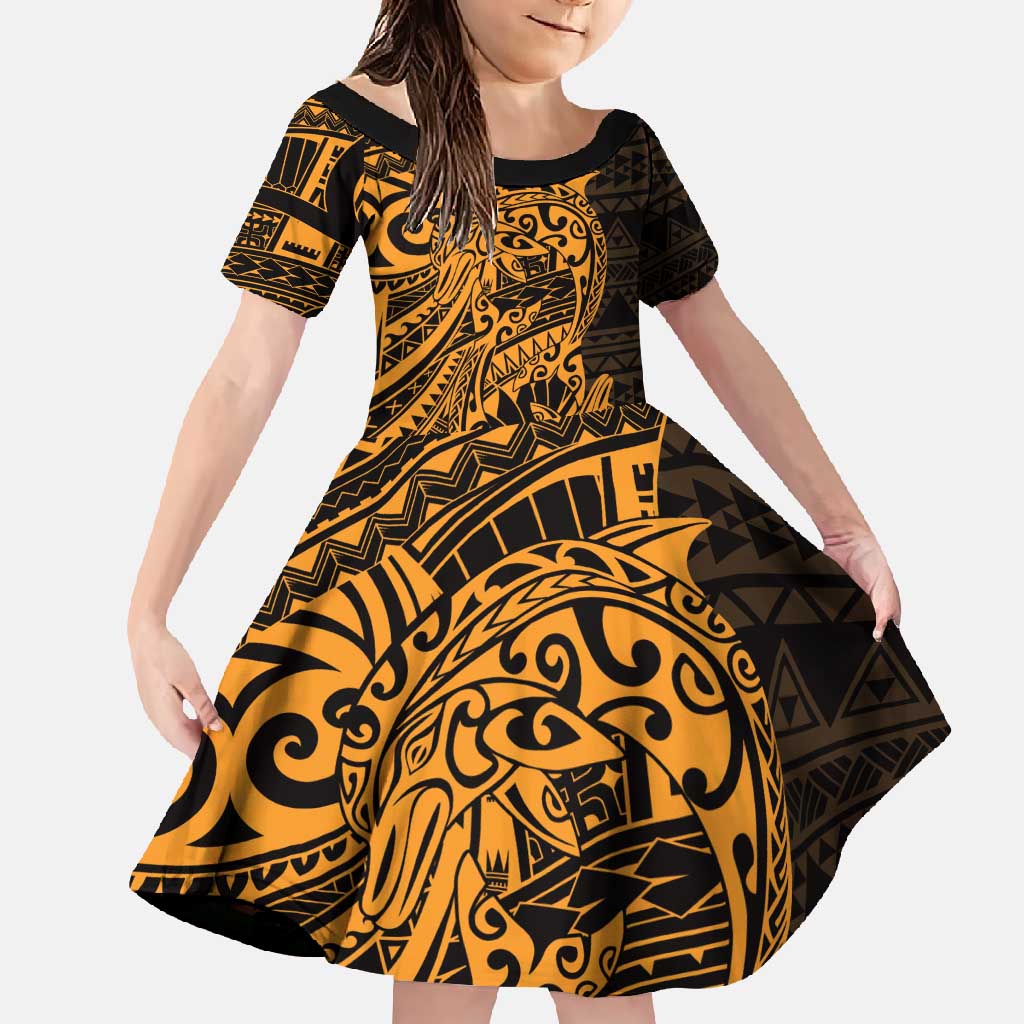 Gold Couple Dolphins Maori Polynesian Style Family Matching Mermaid Dress and Hawaiian Shirt LT9 Daughter's Dress Gold - Polynesian Pride