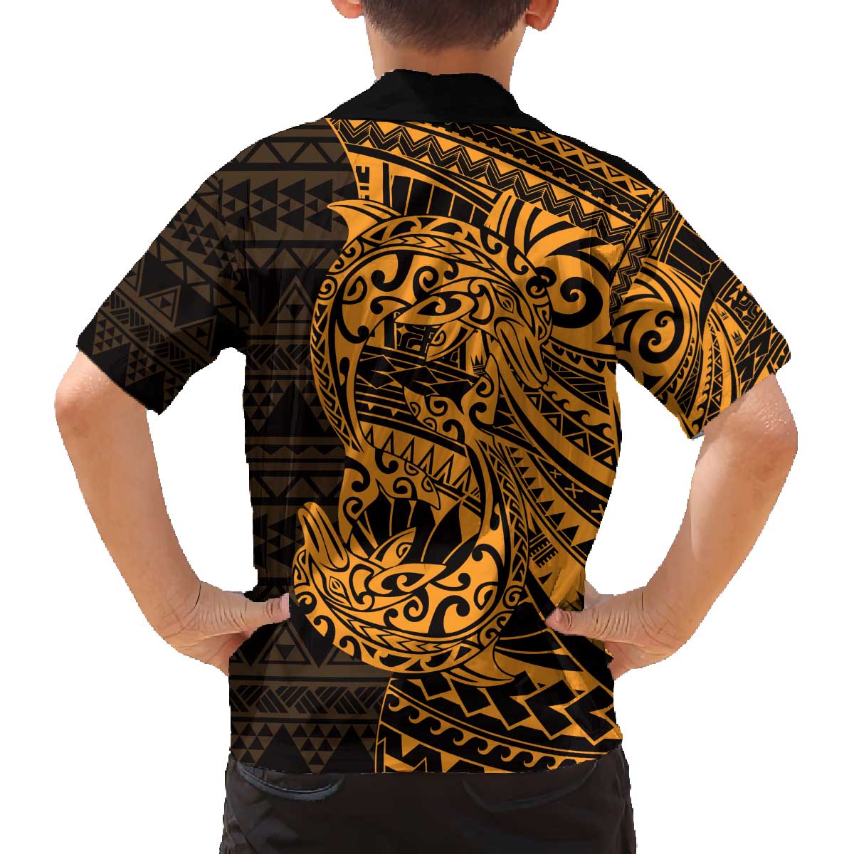 Gold Couple Dolphins Maori Polynesian Style Family Matching Off The Shoulder Long Sleeve Dress and Hawaiian Shirt LT9 - Polynesian Pride