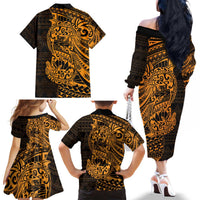 Gold Couple Dolphins Maori Polynesian Style Family Matching Off The Shoulder Long Sleeve Dress and Hawaiian Shirt LT9 - Polynesian Pride