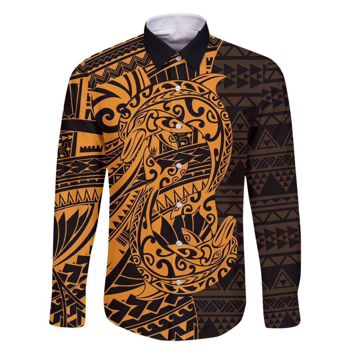 Gold Couple Dolphins Maori Polynesian Style Family Matching Off The Shoulder Long Sleeve Dress and Hawaiian Shirt LT9 Dad's Shirt - Long Sleeve Gold - Polynesian Pride