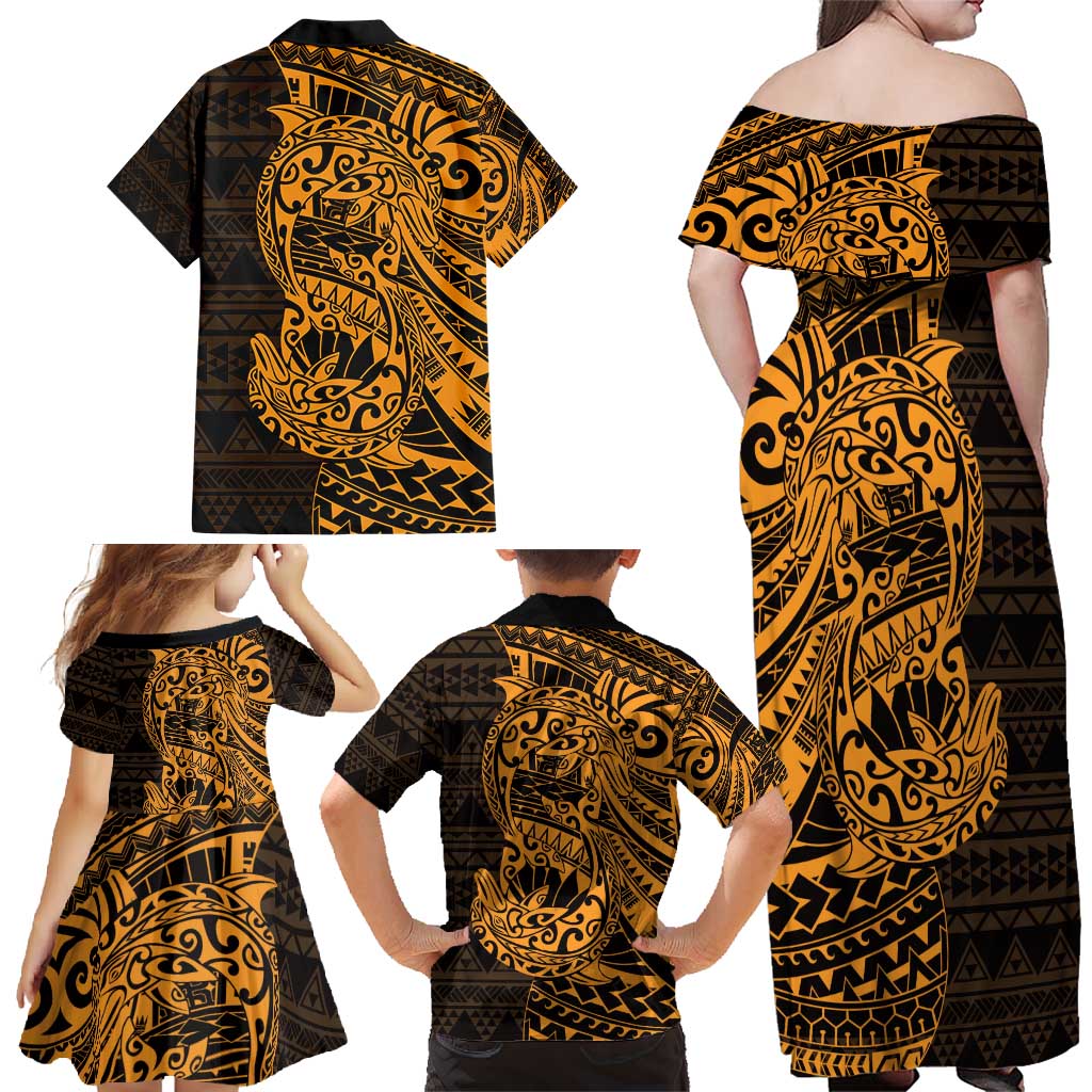 Gold Couple Dolphins Maori Polynesian Style Family Matching Off Shoulder Maxi Dress and Hawaiian Shirt LT9 - Polynesian Pride