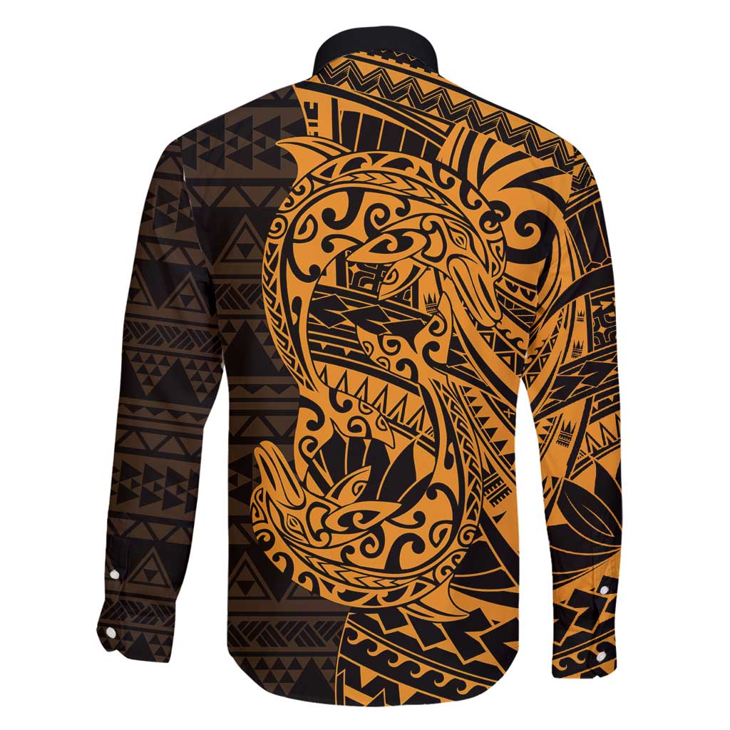 Gold Couple Dolphins Maori Polynesian Style Family Matching Off Shoulder Maxi Dress and Hawaiian Shirt LT9 - Polynesian Pride