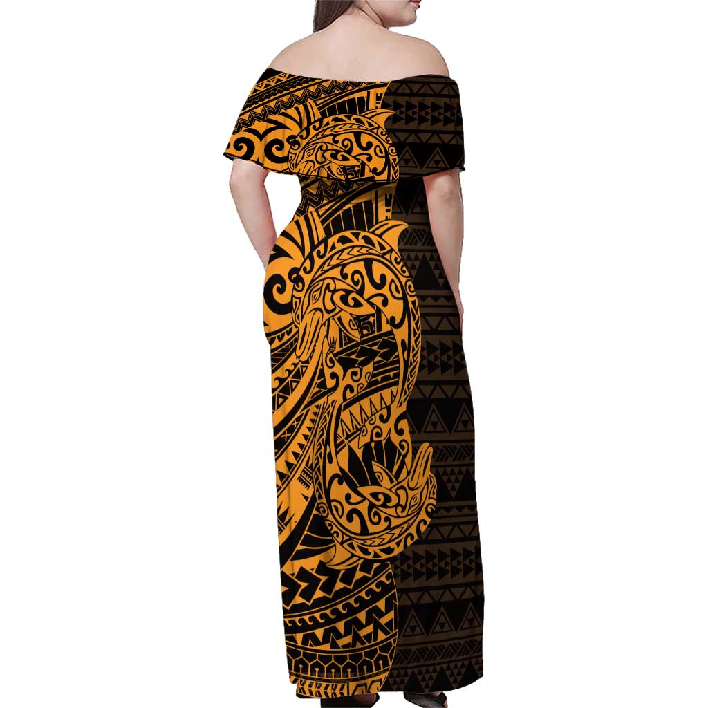 Gold Couple Dolphins Maori Polynesian Style Family Matching Off Shoulder Maxi Dress and Hawaiian Shirt LT9 - Polynesian Pride
