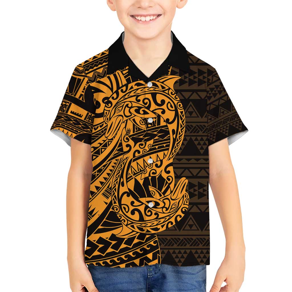 Gold Couple Dolphins Maori Polynesian Style Family Matching Off Shoulder Maxi Dress and Hawaiian Shirt LT9 Son's Shirt Gold - Polynesian Pride