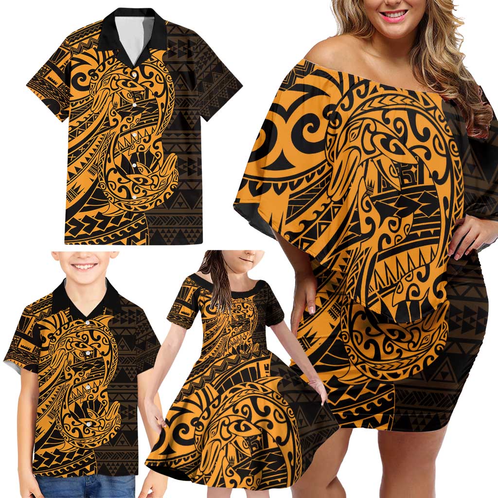 Gold Couple Dolphins Maori Polynesian Style Family Matching Off Shoulder Short Dress and Hawaiian Shirt LT9 - Polynesian Pride