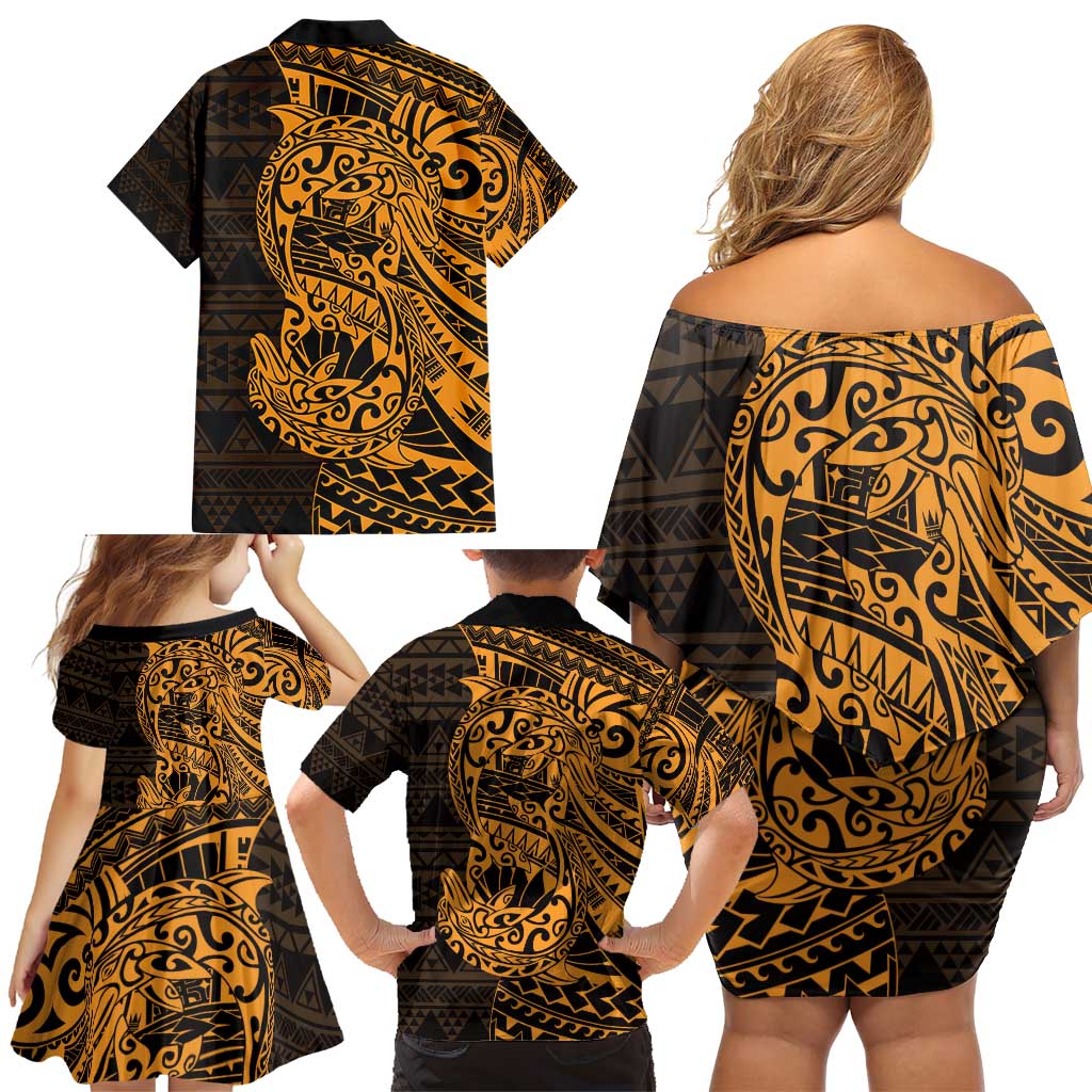Gold Couple Dolphins Maori Polynesian Style Family Matching Off Shoulder Short Dress and Hawaiian Shirt LT9 - Polynesian Pride