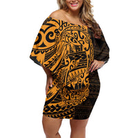 Gold Couple Dolphins Maori Polynesian Style Family Matching Off Shoulder Short Dress and Hawaiian Shirt LT9 Mom's Dress Gold - Polynesian Pride